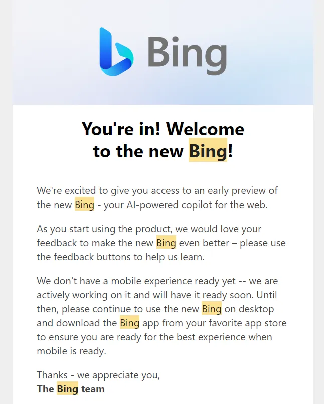 Bingが使えるようになったというメール